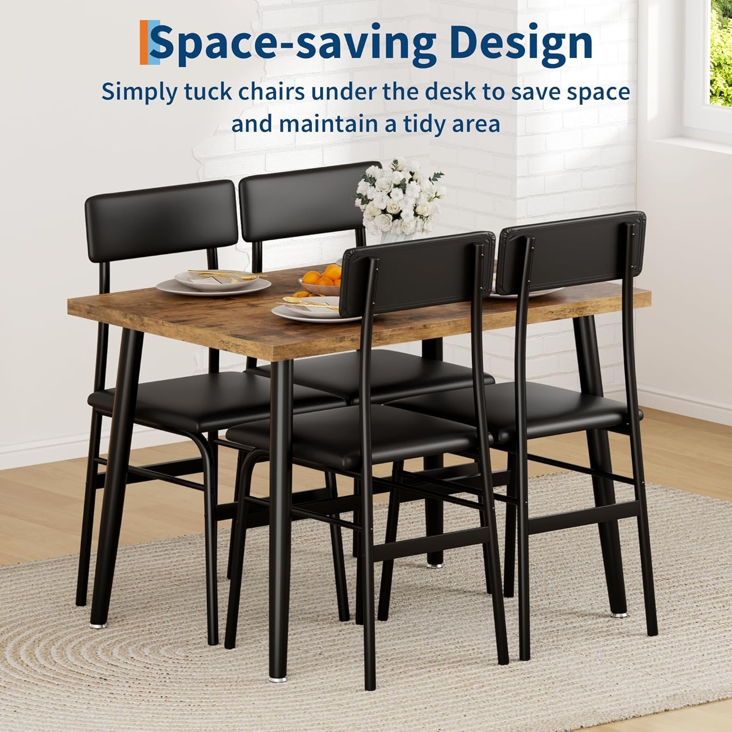 Dining Set for 4 w/ 4 Upholstered Chairs & Wood Table,Space-Saving for Apartment