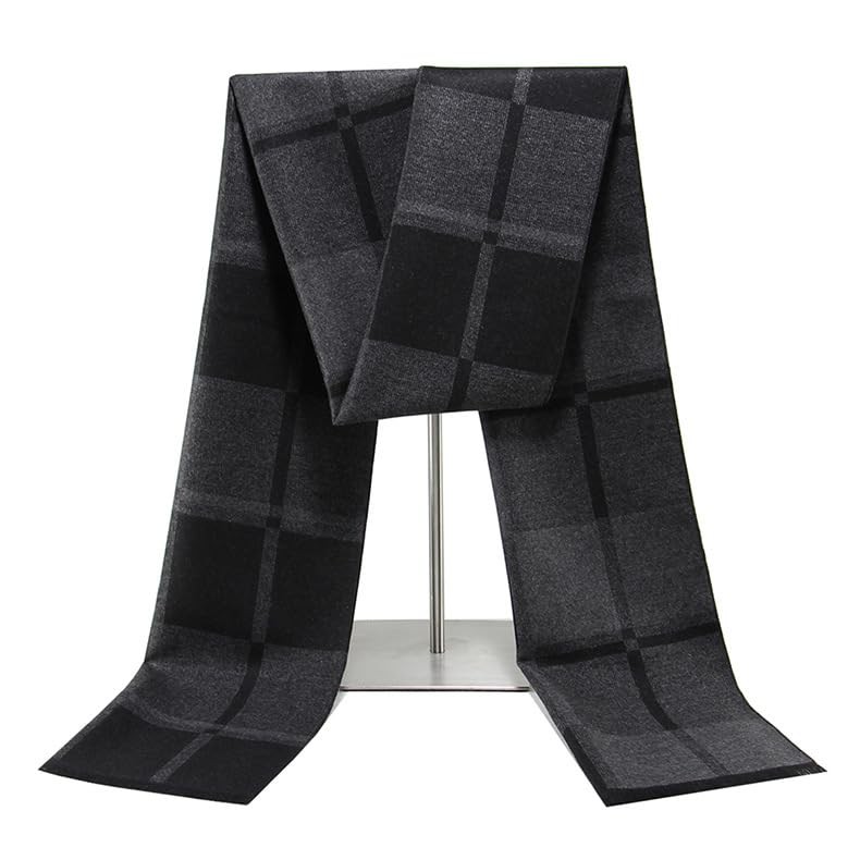 Men's Plaid Scarf Winter Warm Soft Cashmere Feel Tartan Scarf Balck/Grey Plaid