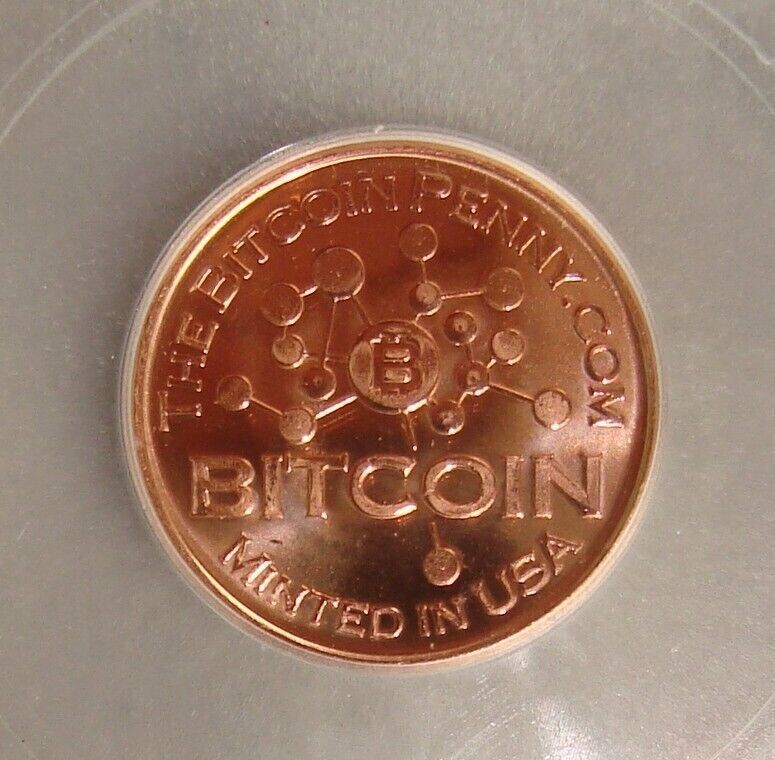 2018-JULIE Bitcoin Penny, Node Reverse, Copper Coin Round Token Graded CG MS66PL