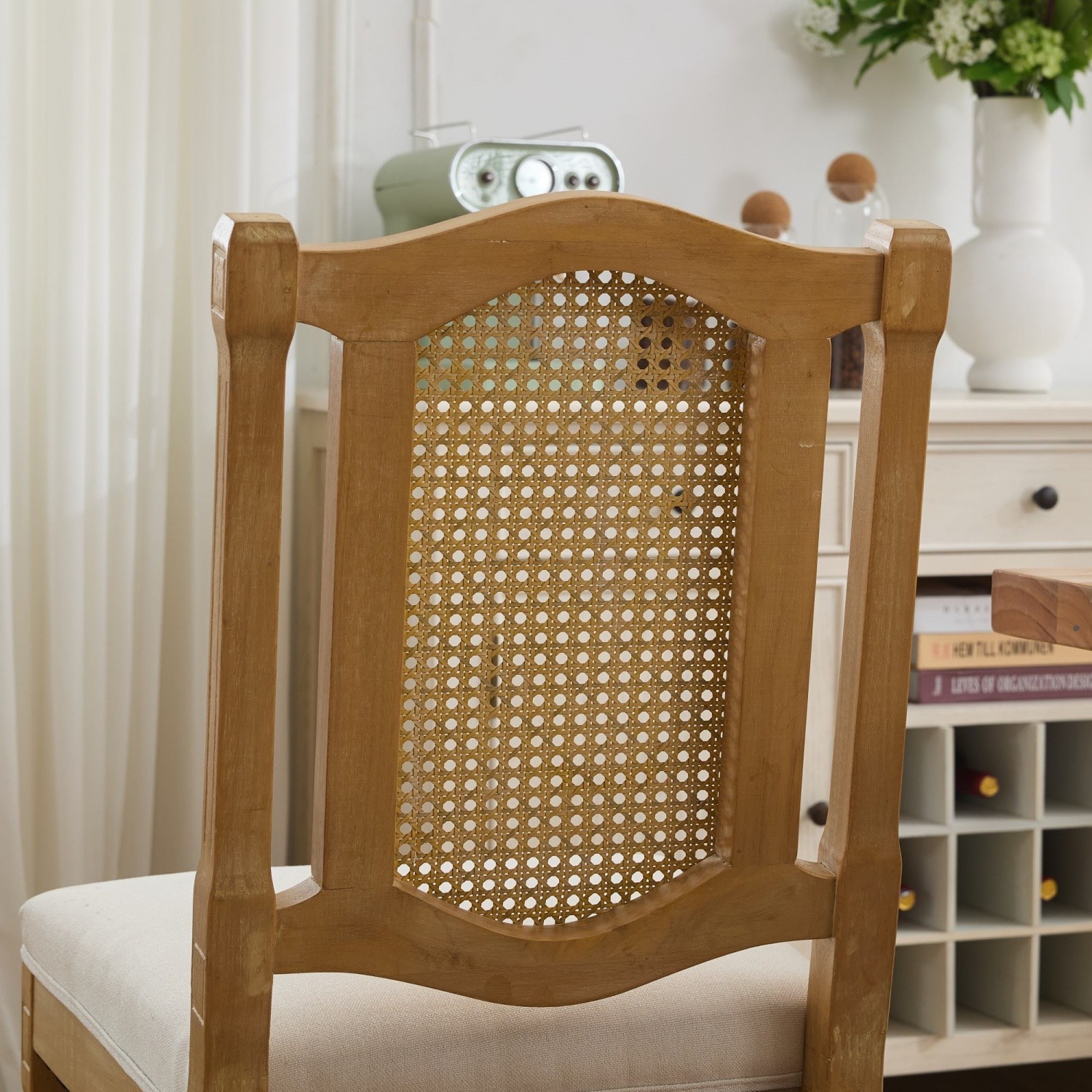 Set of 2 Upholstered Dining Chairs Solid Wood Rustic Kitchen Chair Rattan Back