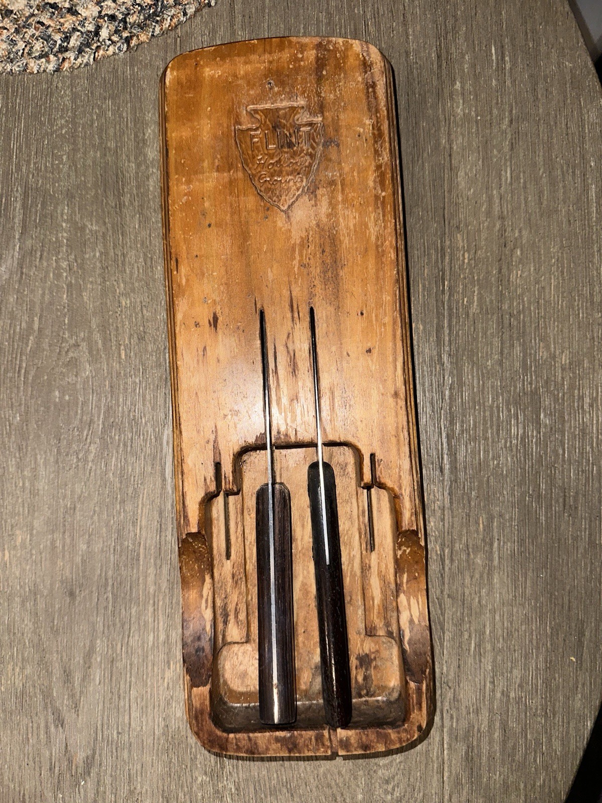 Vtg Ekco FLINT Wooden 4 Knife Block Wall Mount USA Knives Hollow Ground Cutlery