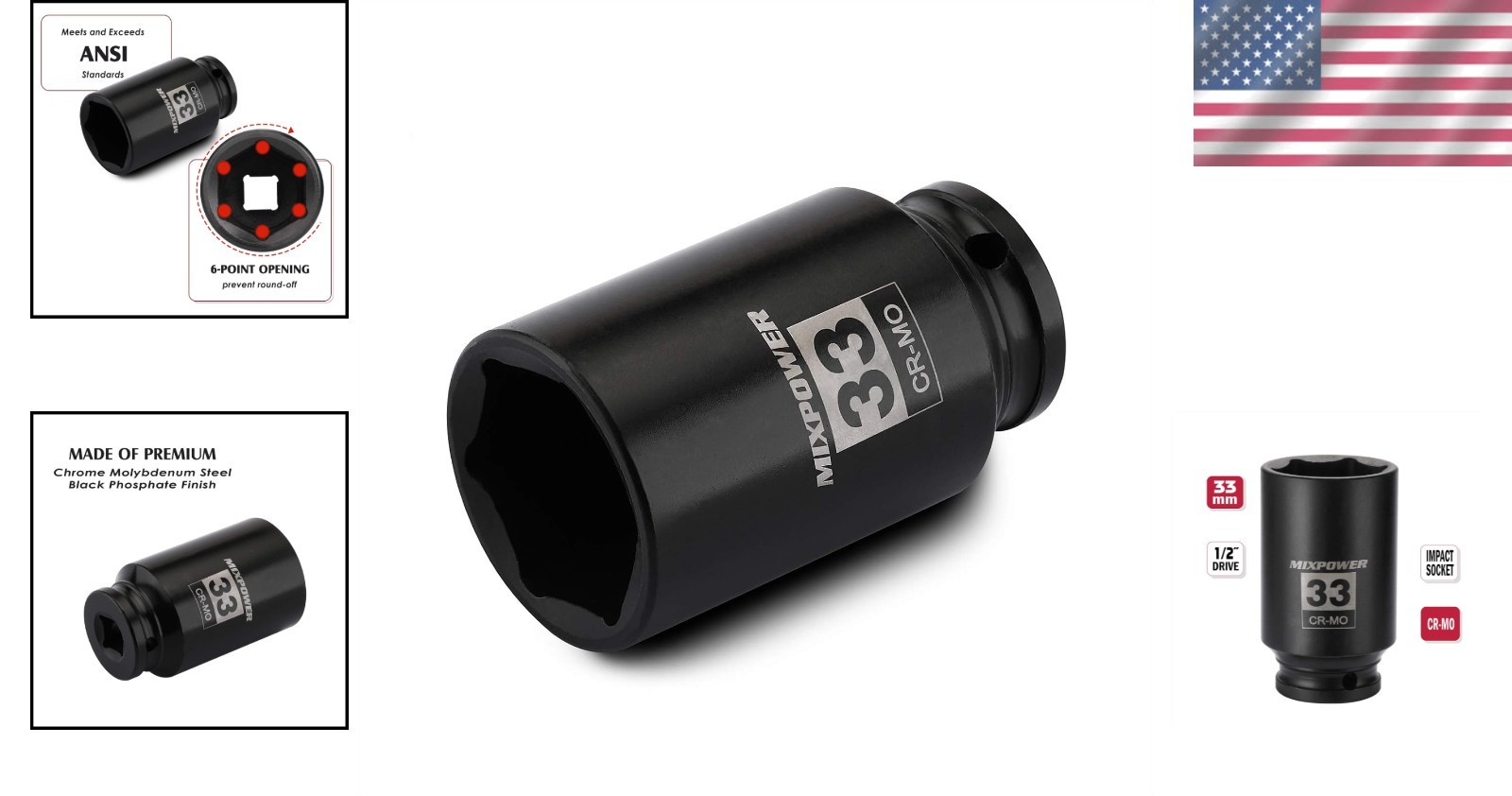 Durable 1/2" Drive 33mm Deep Impact Socket - 6-Point Design for High Torque