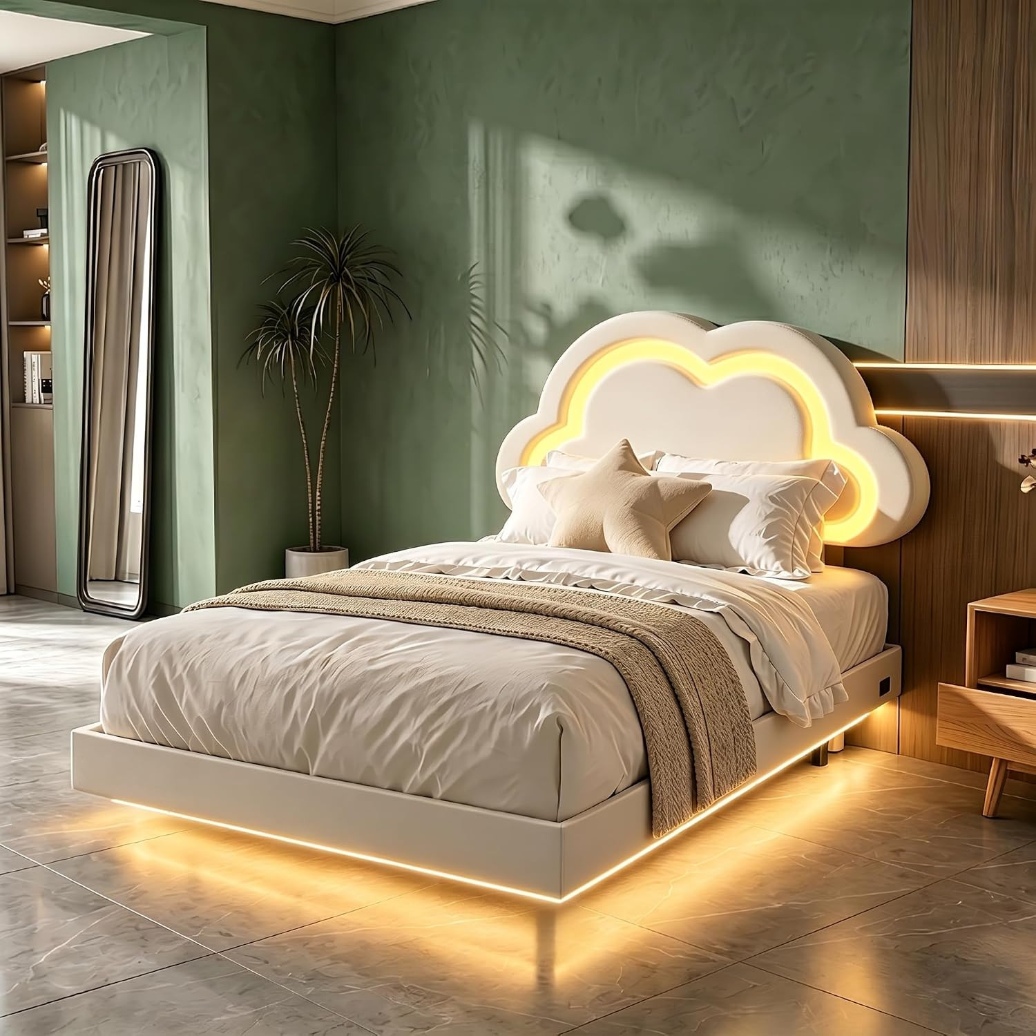 Queen Size Bed Frame with Cloud Headboard,Floating Queen Bed Frame with Charging