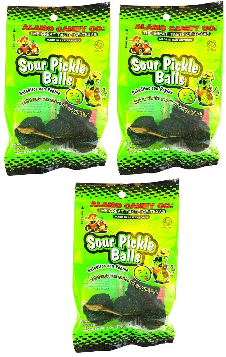 Alamo Candy Sour Pickle Balls 1 Ounce Pack of 3 Sour Snacks