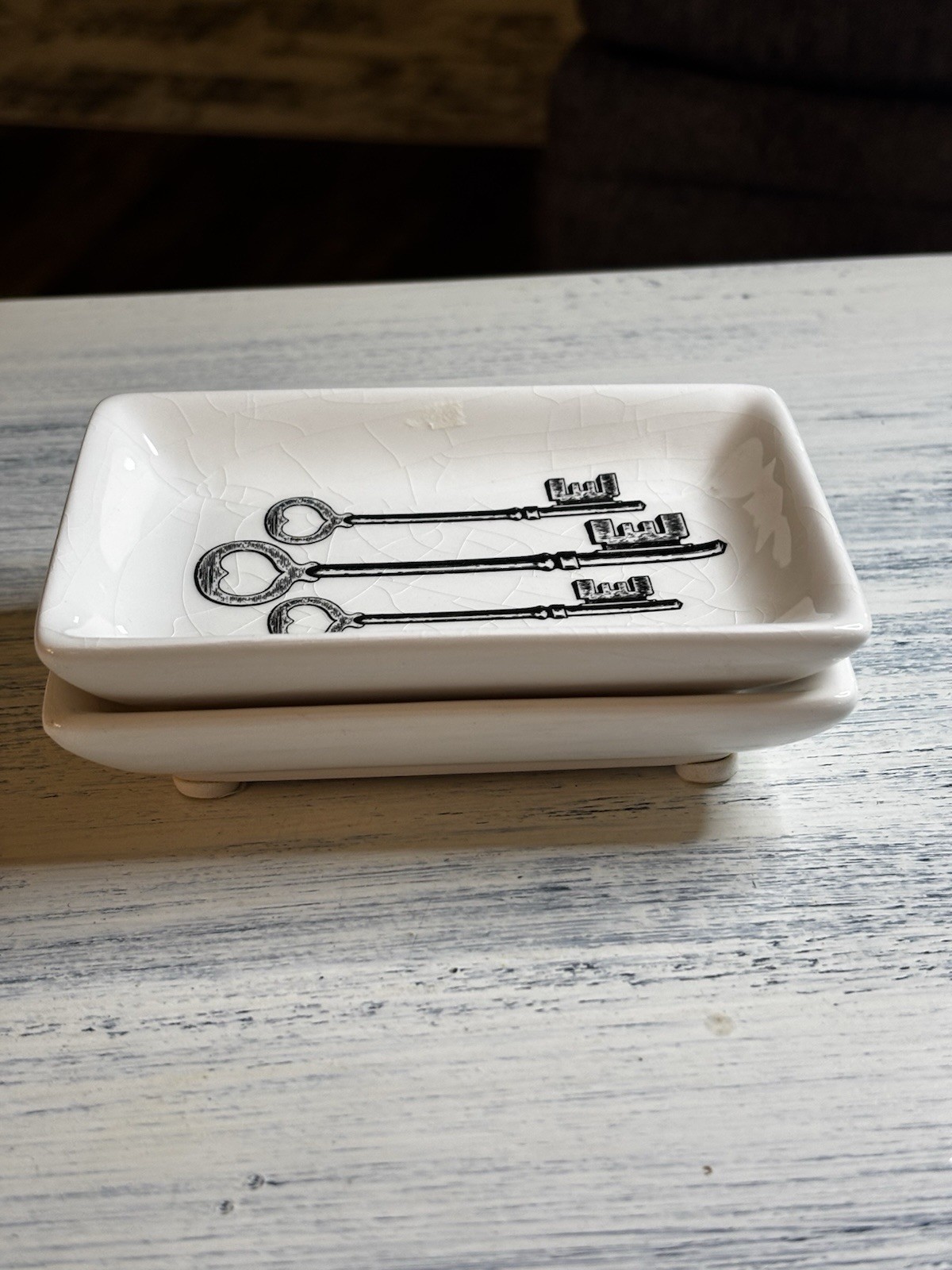 White Ceramic Trinket Dish With Key Design
