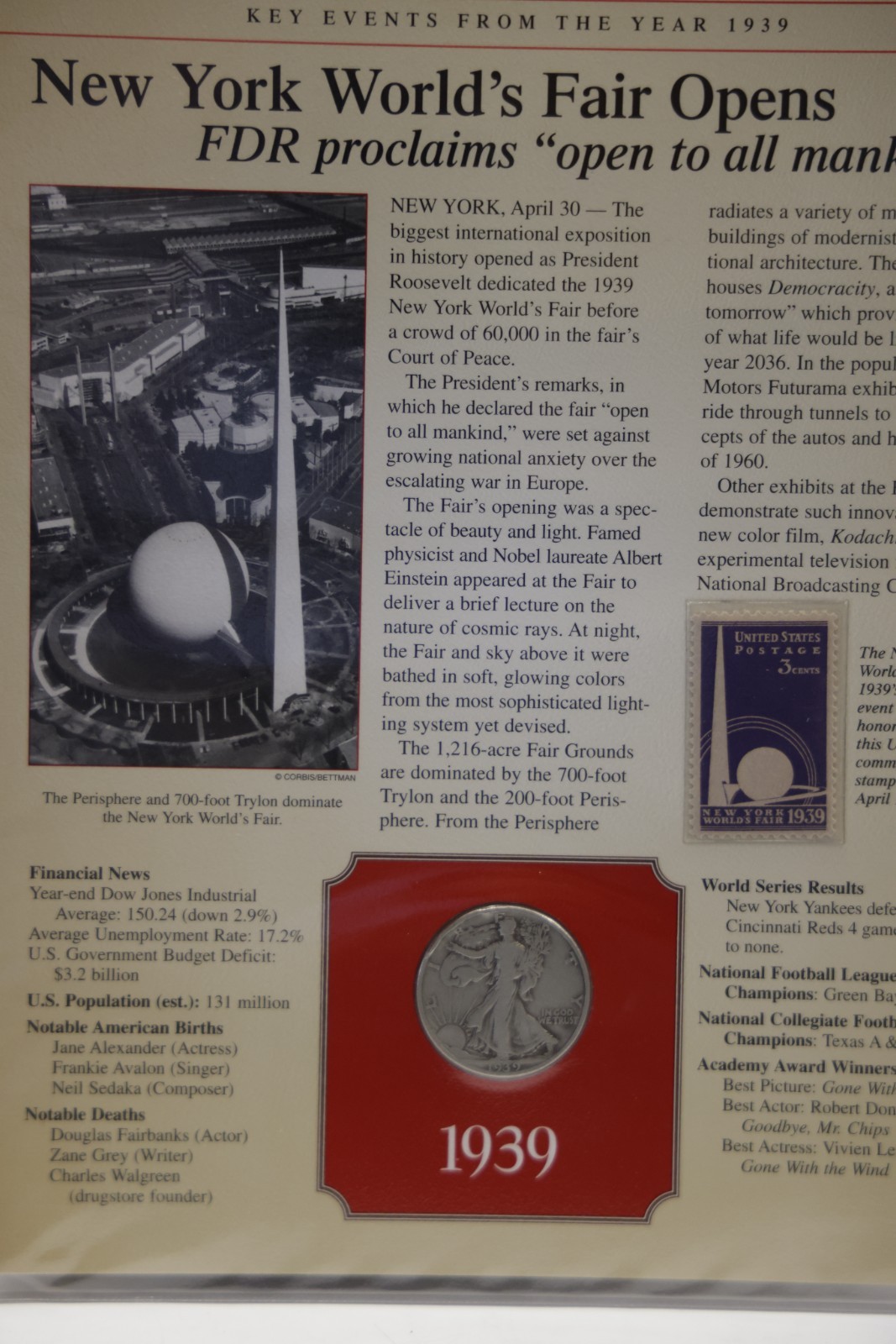1939 US Walking Liberty Half 50c Coin/Stamp/News Panel Set
