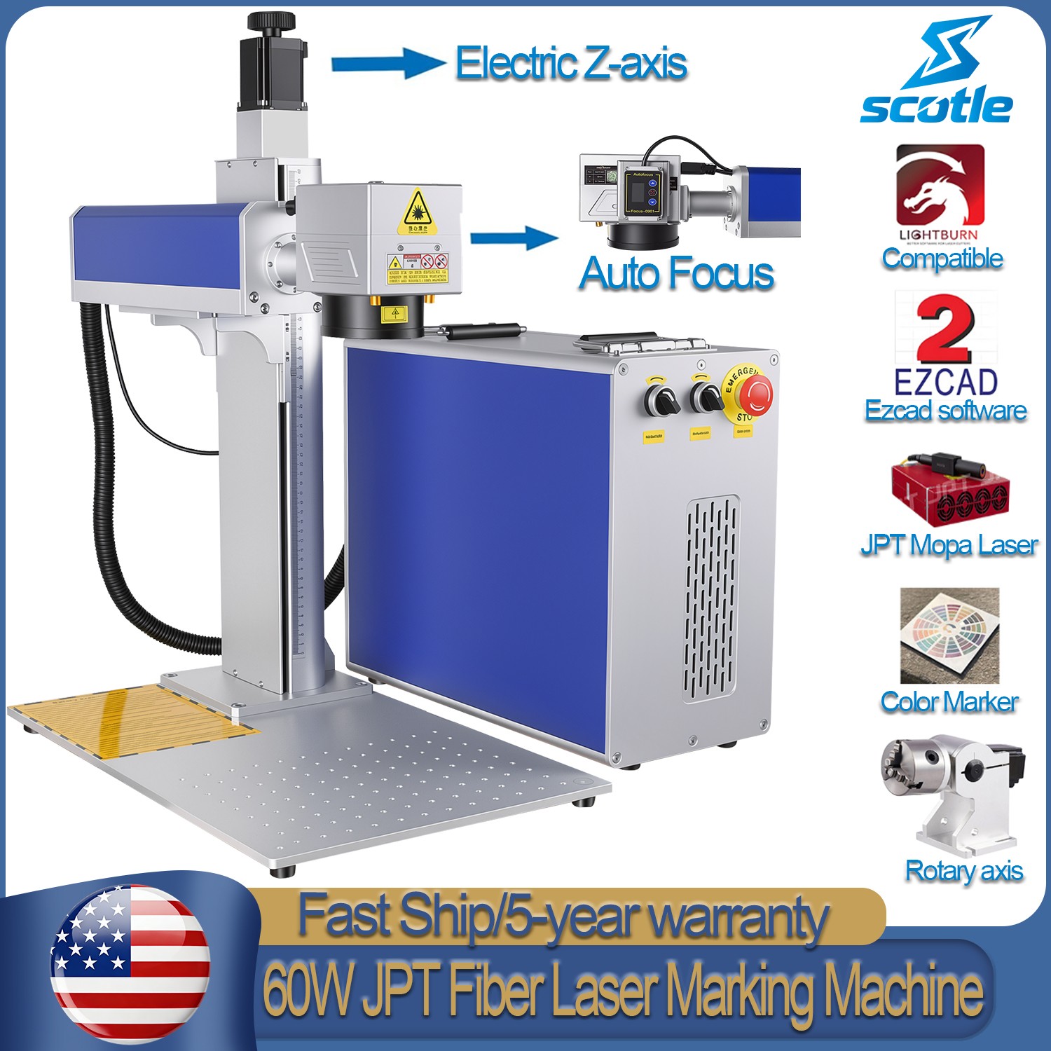 Scotle 60W JPT Mopa Auto Focus Fiber Laser Marking Machine Metal Steel Engraving