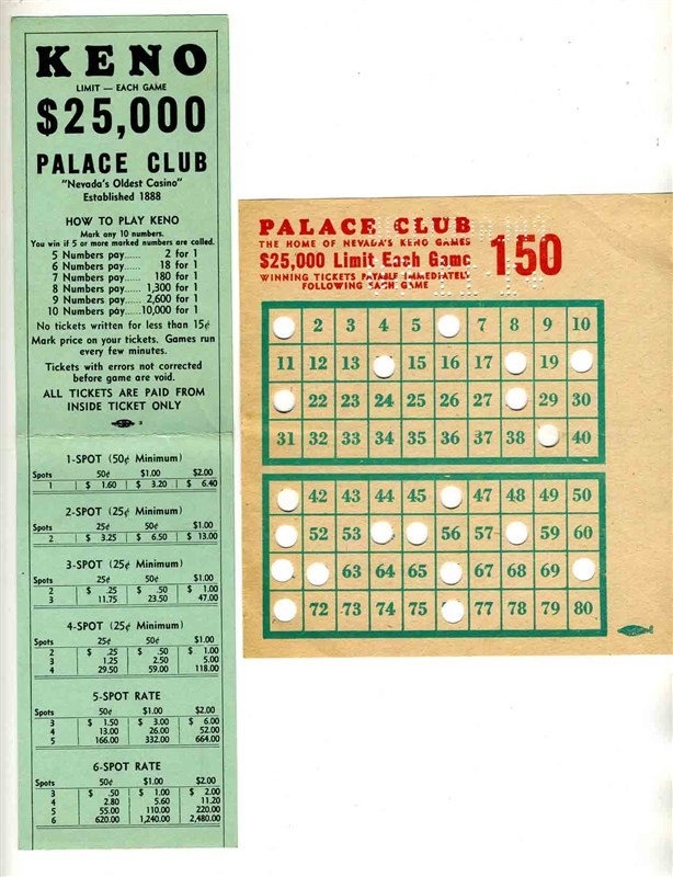 Palace Club Reno Nevada's Oldest Casino KENO Brochure & Ticket Draw Sheet 1960