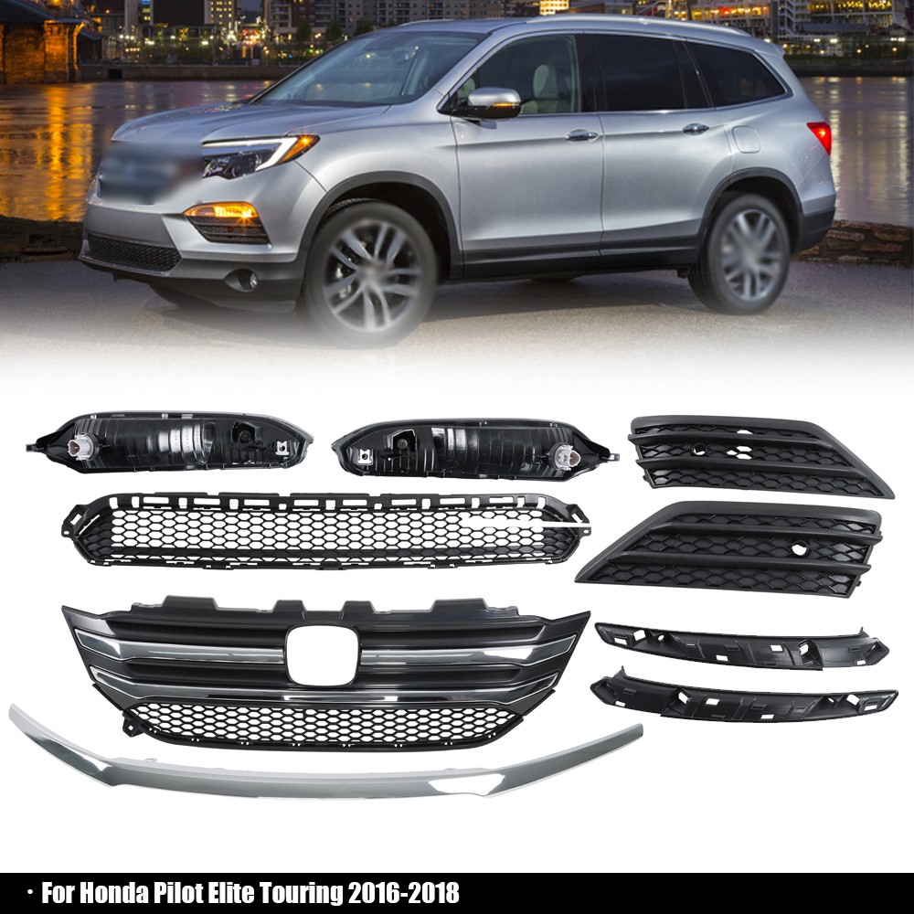Front Upper+Lower Grille and Headlights For Honda Pilot Elite Touring 2016-2018