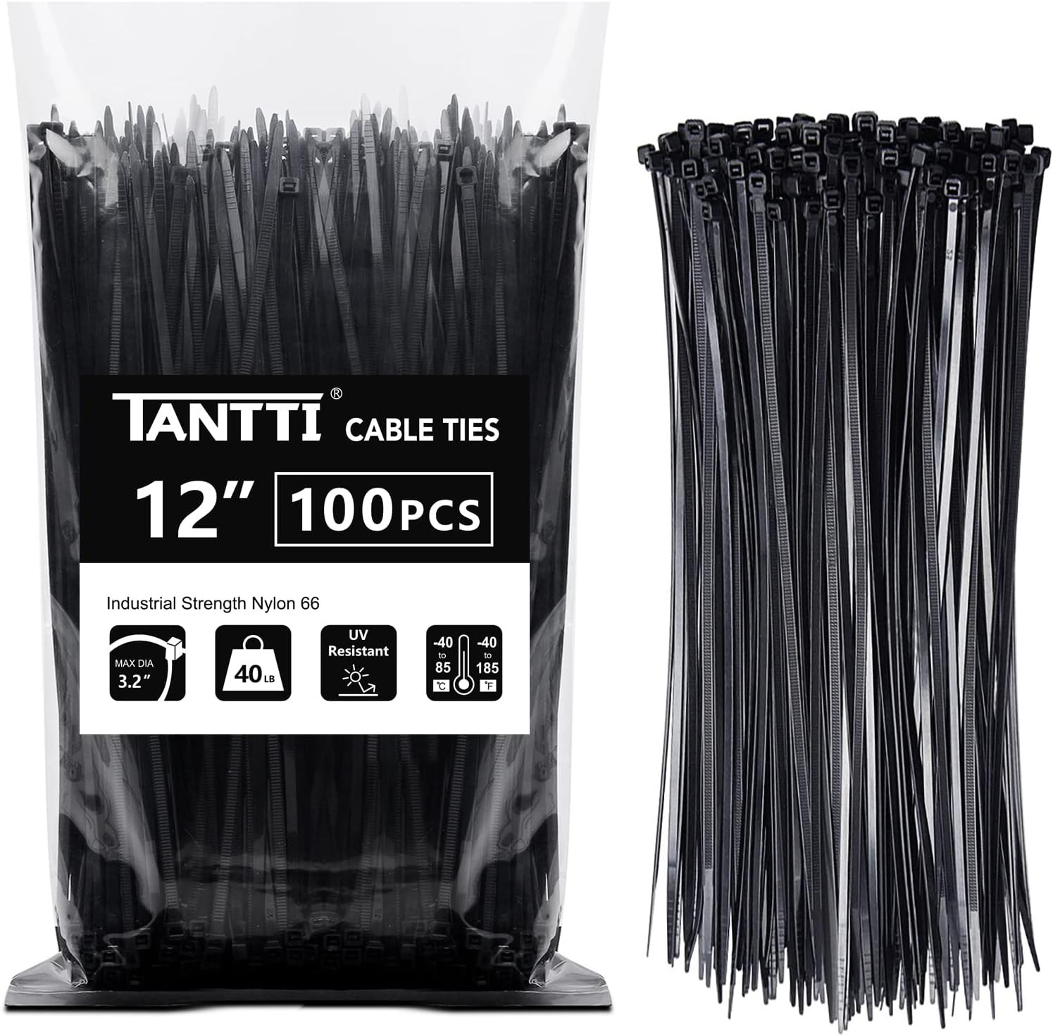 100 Pack 12" Black Zip Ties 40lb Self Locking Cable Wire Ties Outdoor Use