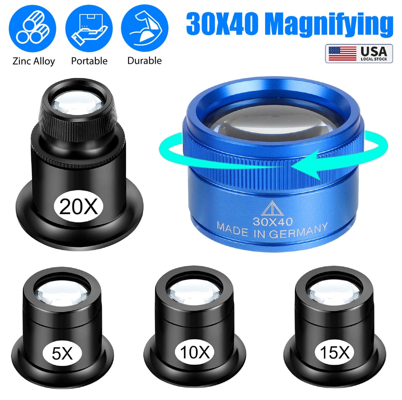 5pcs Magnifying Glass Eye Loop Magnifier Jewelry Watch Repair 5X 10X 15X 20X 40X