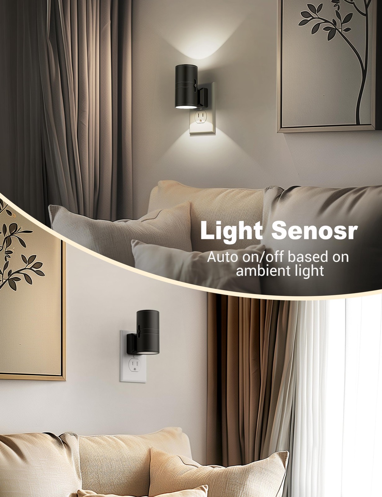 Night Lights Plug into Wall, Dimmable Light in, 2 Pack, Black