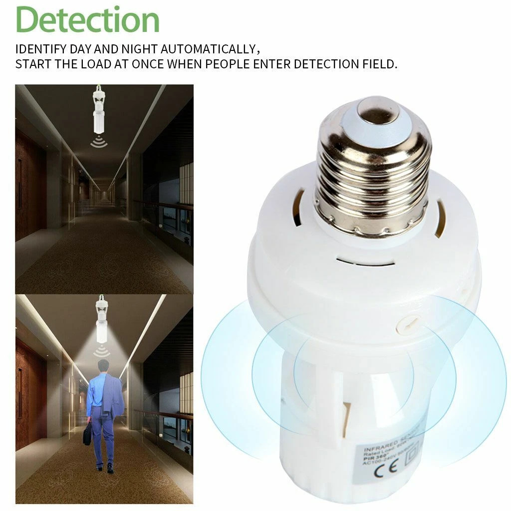 2x Motion Sensor Light Socket,E26/E27 Smart Lamp Bulb Holder Adapter Auto On/Off