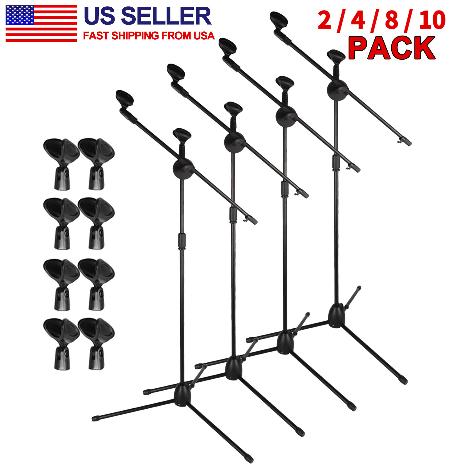 Microphone Stand Dual Mic Clip Boom Arm Tripod Base Height Adjust 360° Rotating