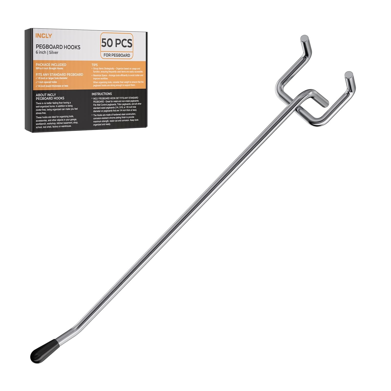 INCLY 50 Pack Pegboard Hooks, 6 Inch Peg Board Shelving Hooks 6 Inch, Silver