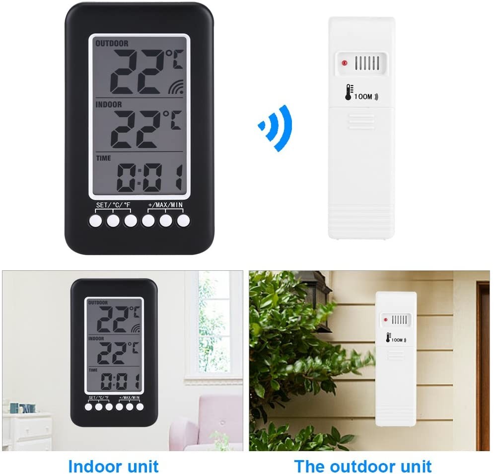 Digital LCD Thermometer Clock Wireless Indoor/Outdoor Temperature Meter Gauge