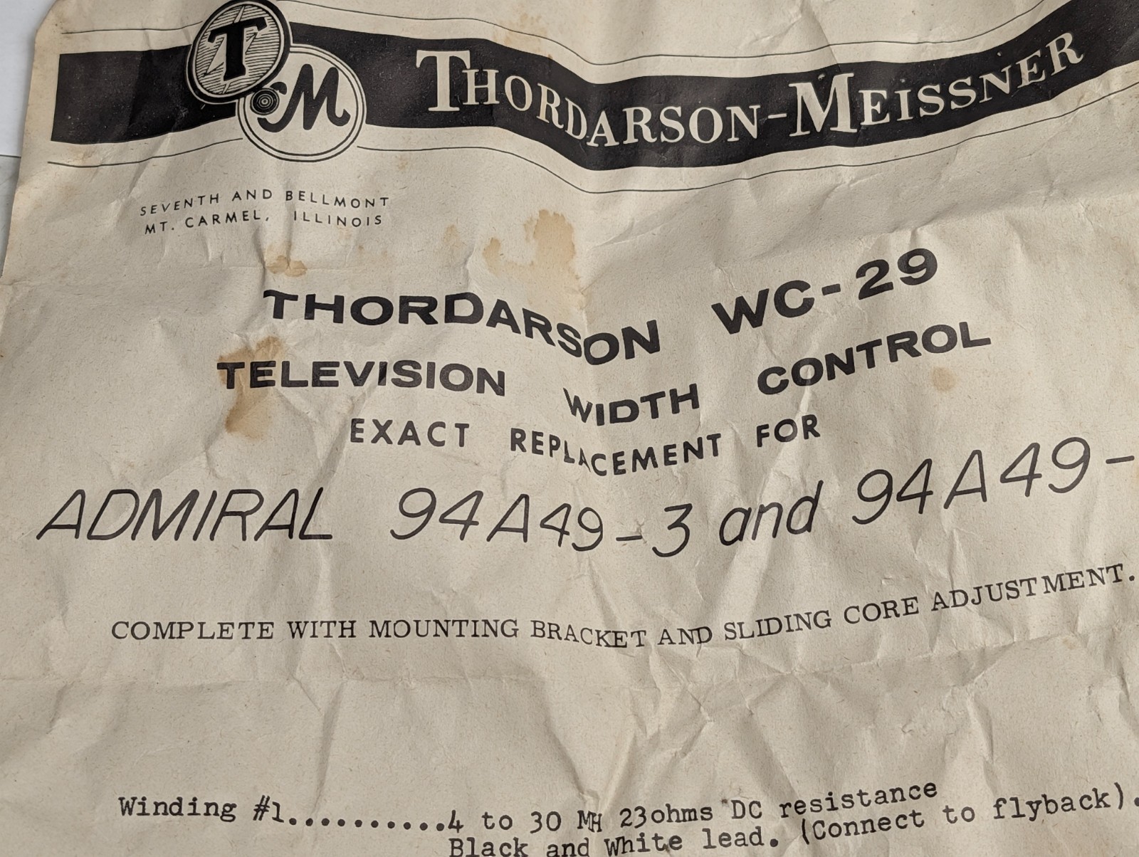 Vintage Thordarson WC-19 TV Width & Linearity Control Coil Assembly
