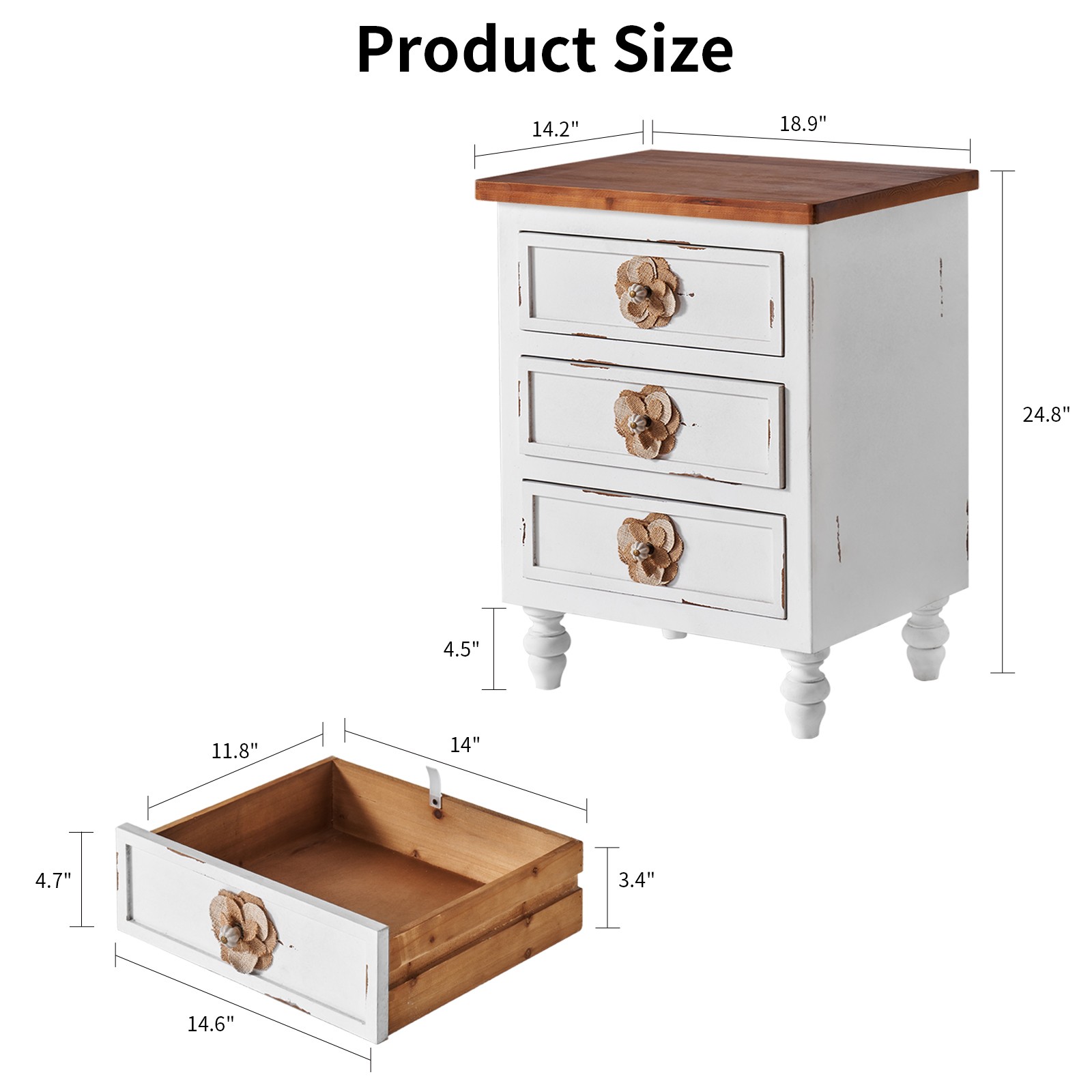 Vintage Farmhouse End Table with Floral Knobs – 19" Rustic Nightstand with 3 Dra