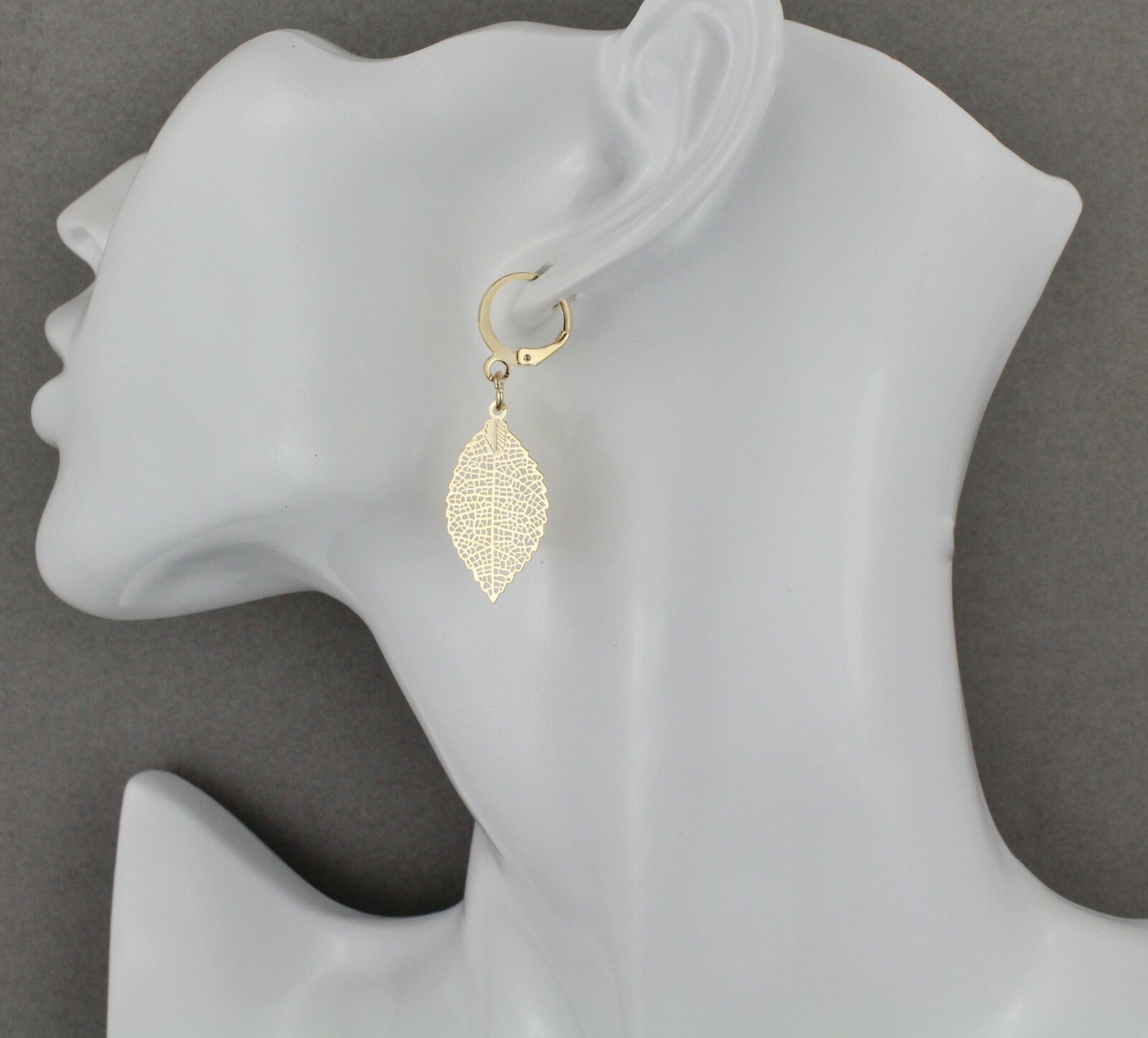 gold leaf earrings small filigree leaves dangle 1.75" long leverback lightweight