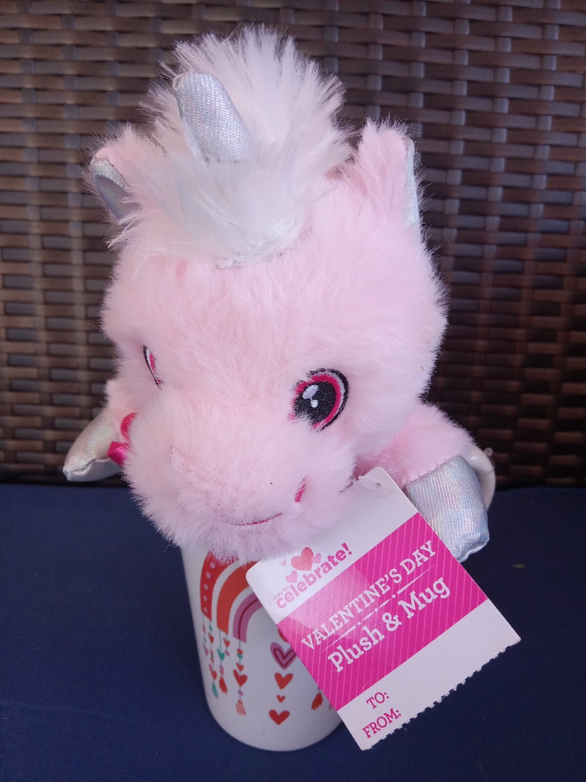 Plush & Mug. New. Unicorn Plush With Heart Themed Cup.Mug Is 5" Tall