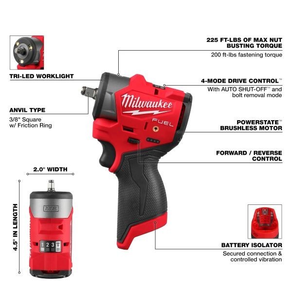 Milwaukee 3049-20 M12 FUEL 12V 3/8" Sub Compact Impact Wrench - In Stock