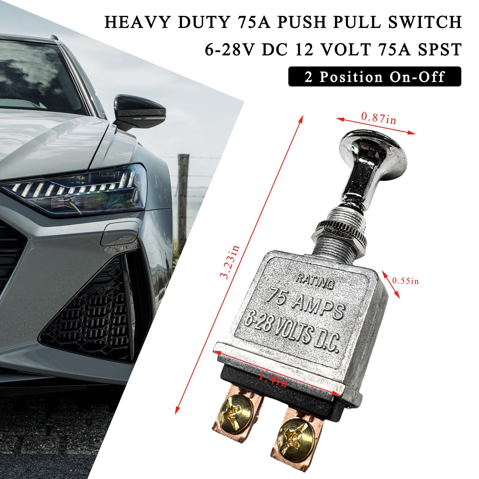 Heavy Duty 75A Push Pull Switch, 6-28V DC 2 Position SPST Push-Pull-On-Off Sw...