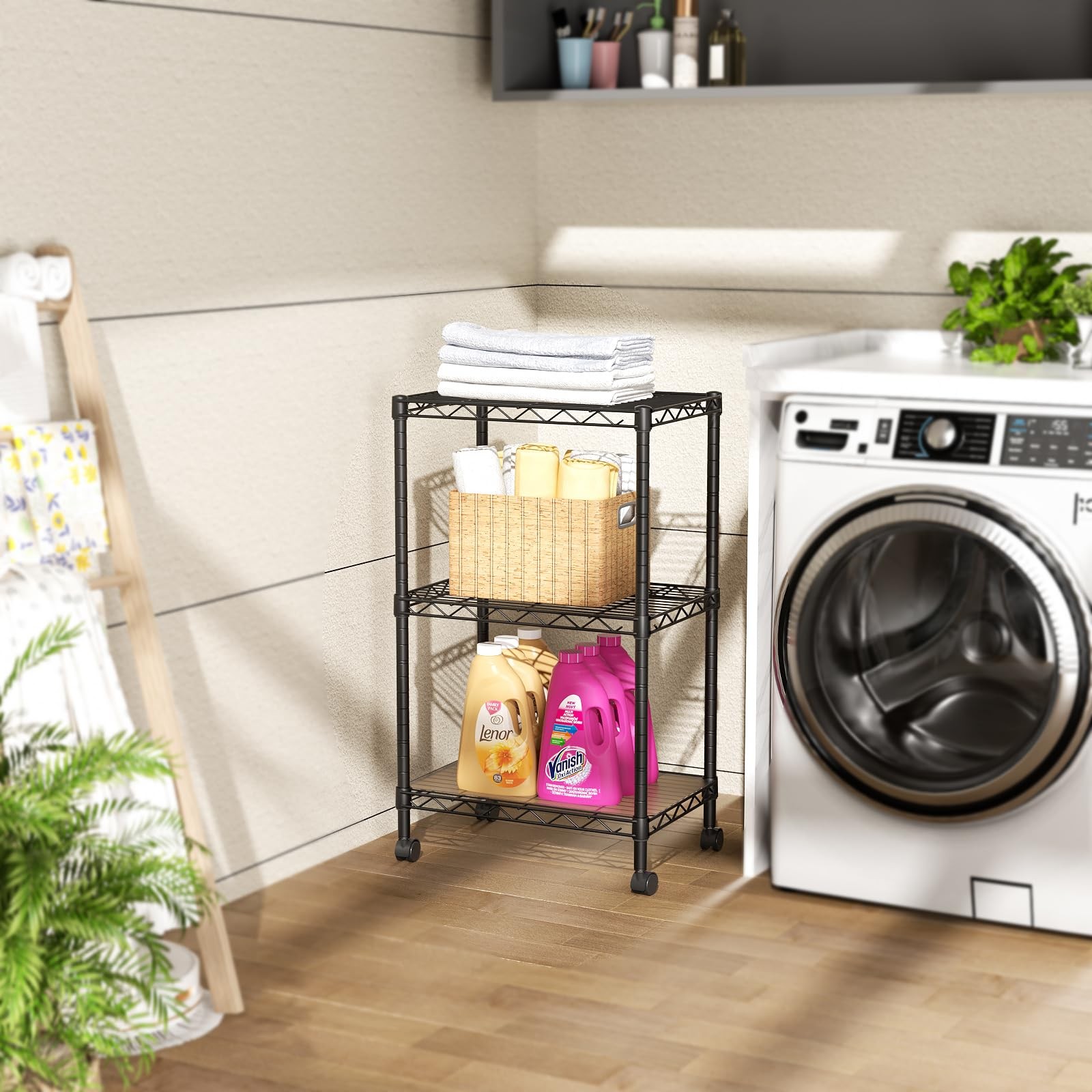 3 Tier Wire Shelving Unit with Wheels Adjustable Metal Storage Rack Black
