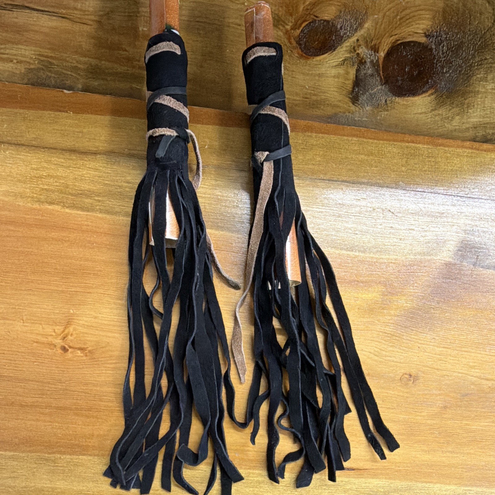 Native American Black Suede Braid Wraps Fringe Tassels Hair Accessories Pair