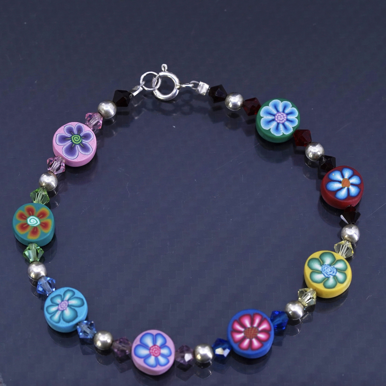 7”, vintage sterling silver 925 handmade bracelet with colorful flower beads