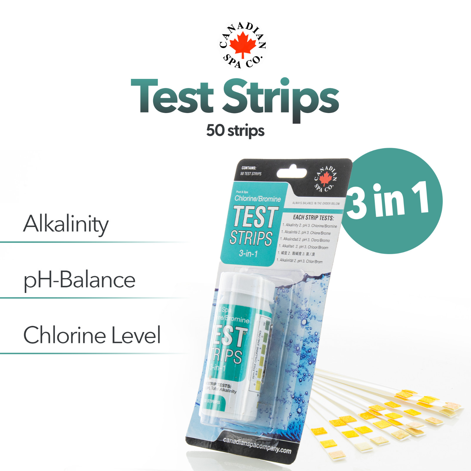 Pool and Spa Test Strips 50 Counts: 3-Way Hot Tub Test Kit -  cl -ph -alk