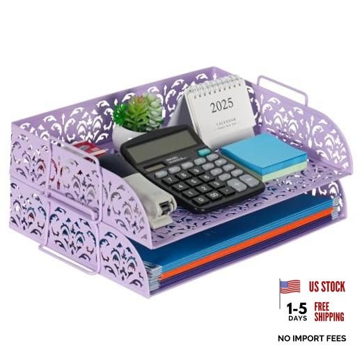 Paper Organizer for Desk 2 Tier Stackable Paper Tray for A4 Legal Size Purple