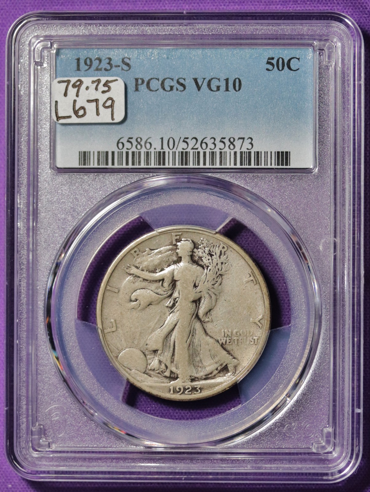 1923-s Walking Liberty Half.   In PCGS Holder.  VG10.  L679