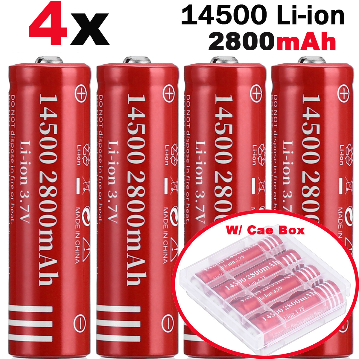 4X 14500 Battery 800mAh Li-ion 3.7V Rechargeable Batteries Cell For Flashlight
