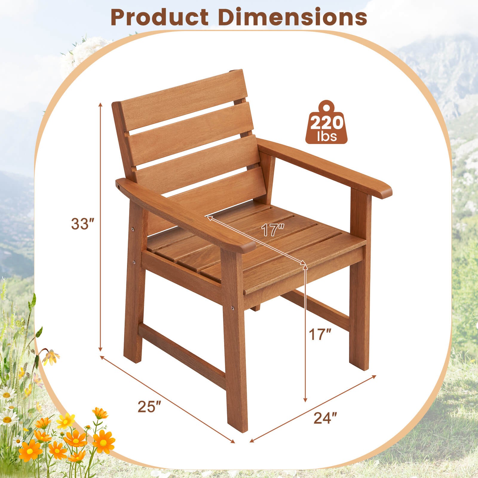 2 PCS Patio Hardwood Chair Wood Dining Armchairs Breathable Slatted Seat Garden