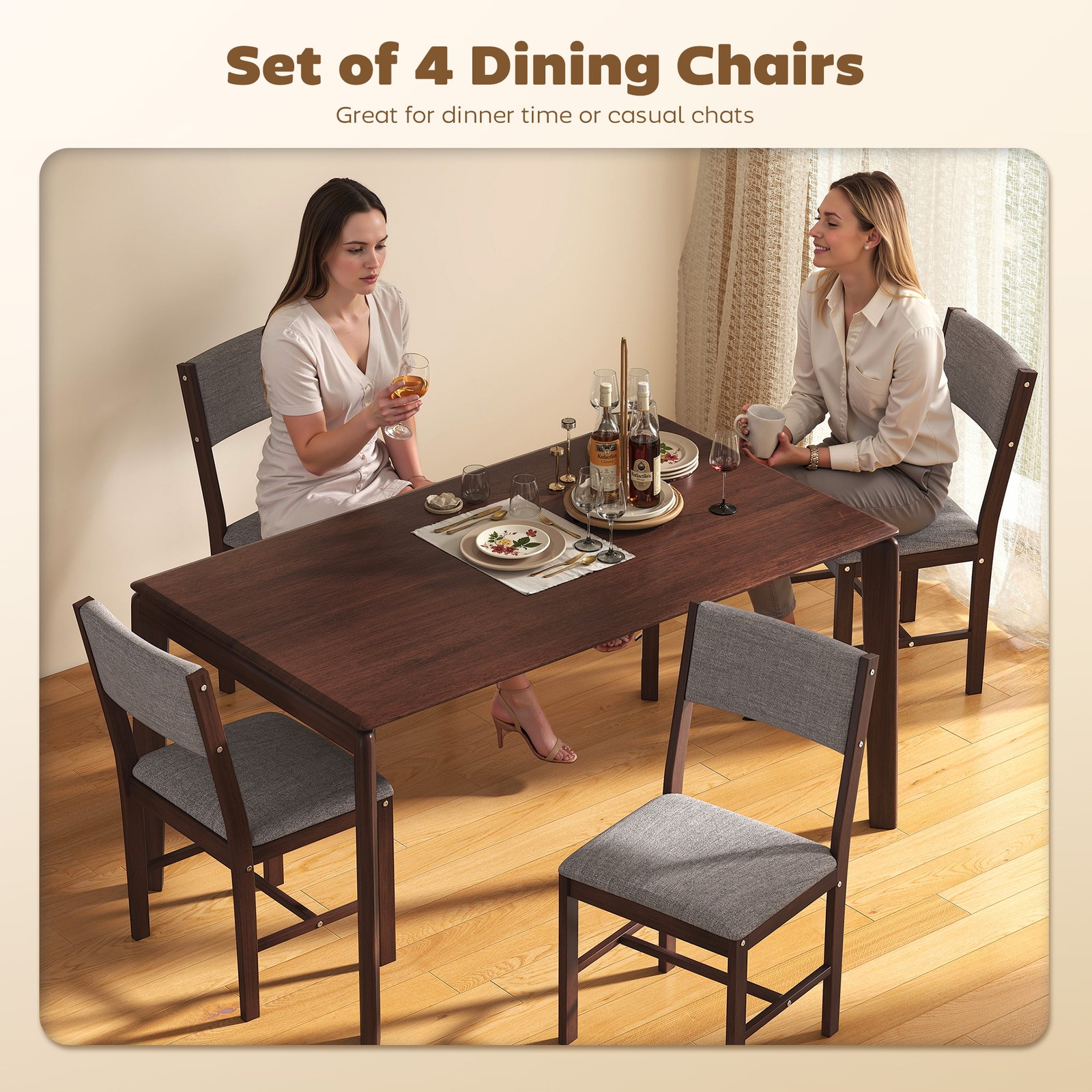 Dining Chairs Set of 4, Linen Upholstered Kitchen Chairs, Gray