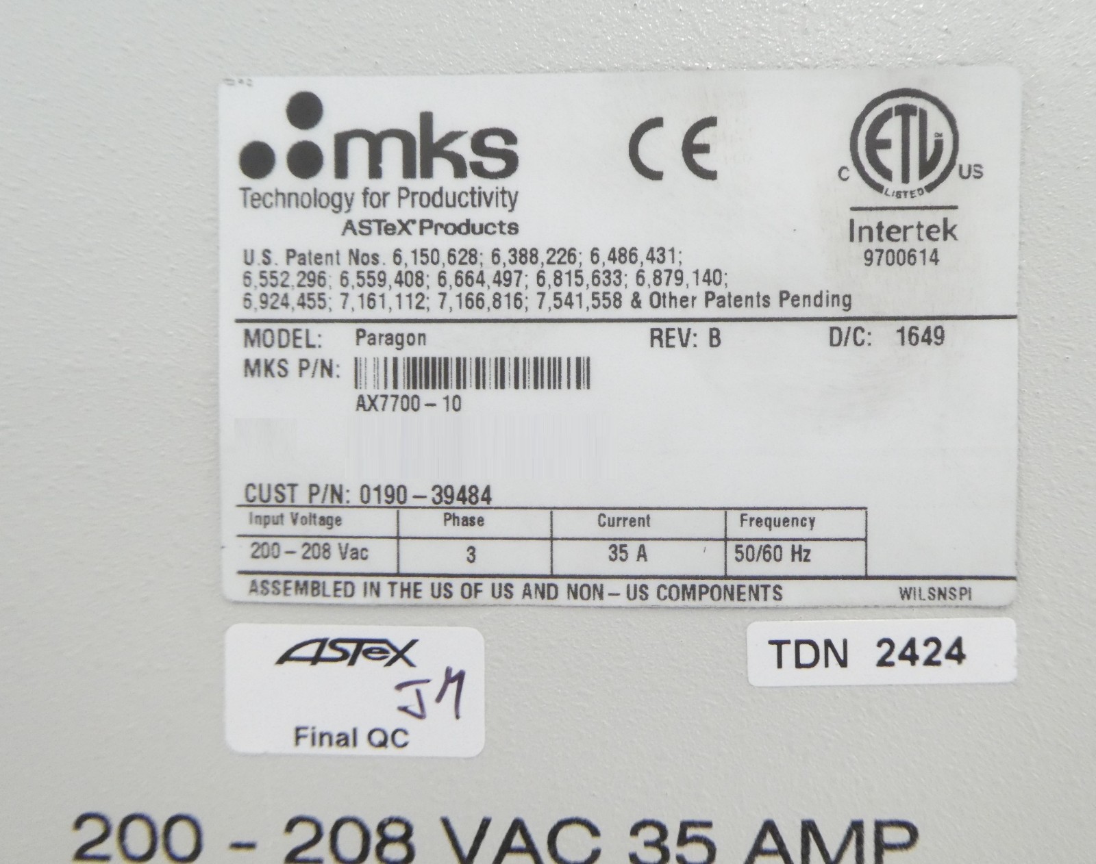 ASTRON Paragon MKS Instruments AX7700-10 RPS Remote Plasma Source Tested Working