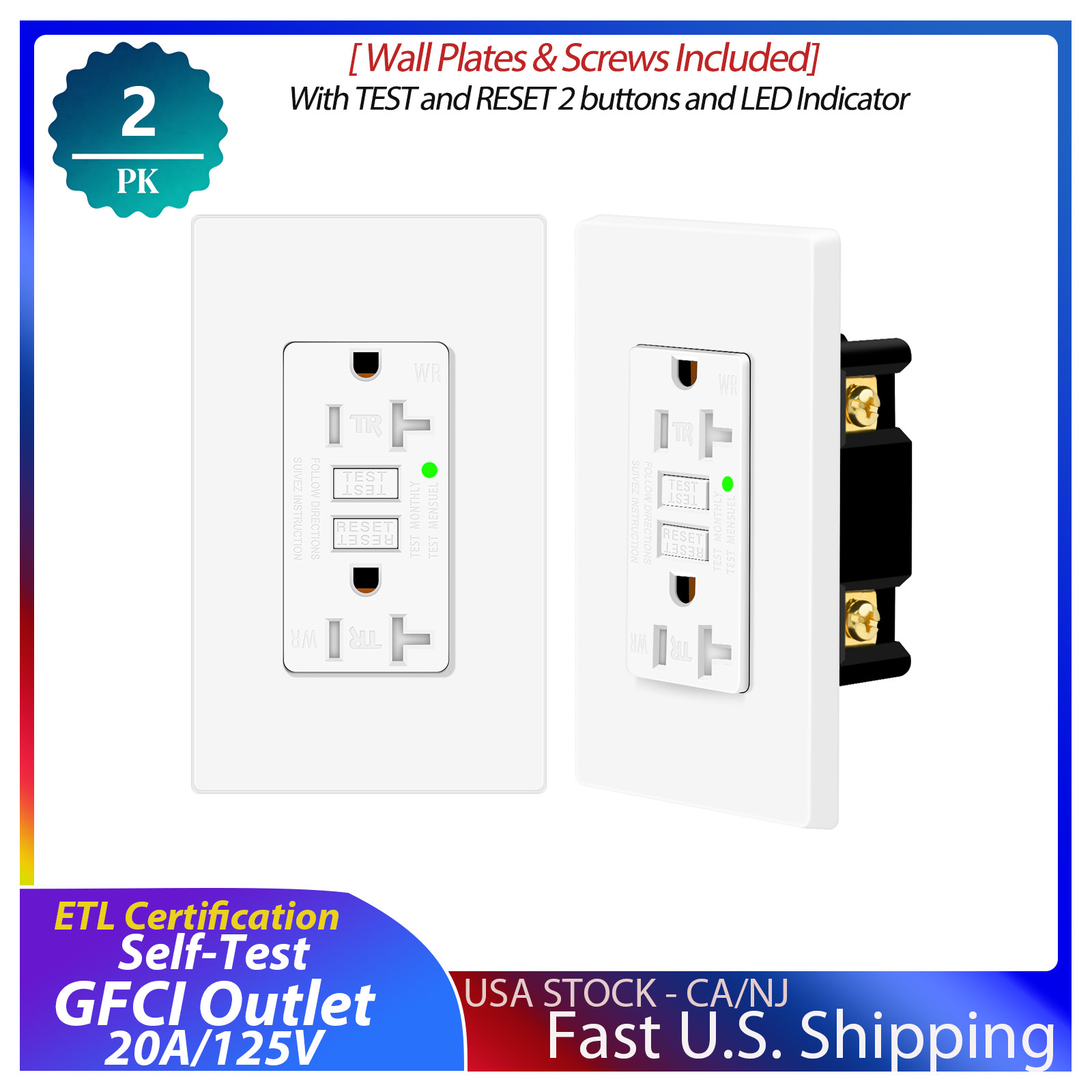 2PK 20A/125V Greencycle Self-Test White GFI Electrical Outlet With LED Indicator