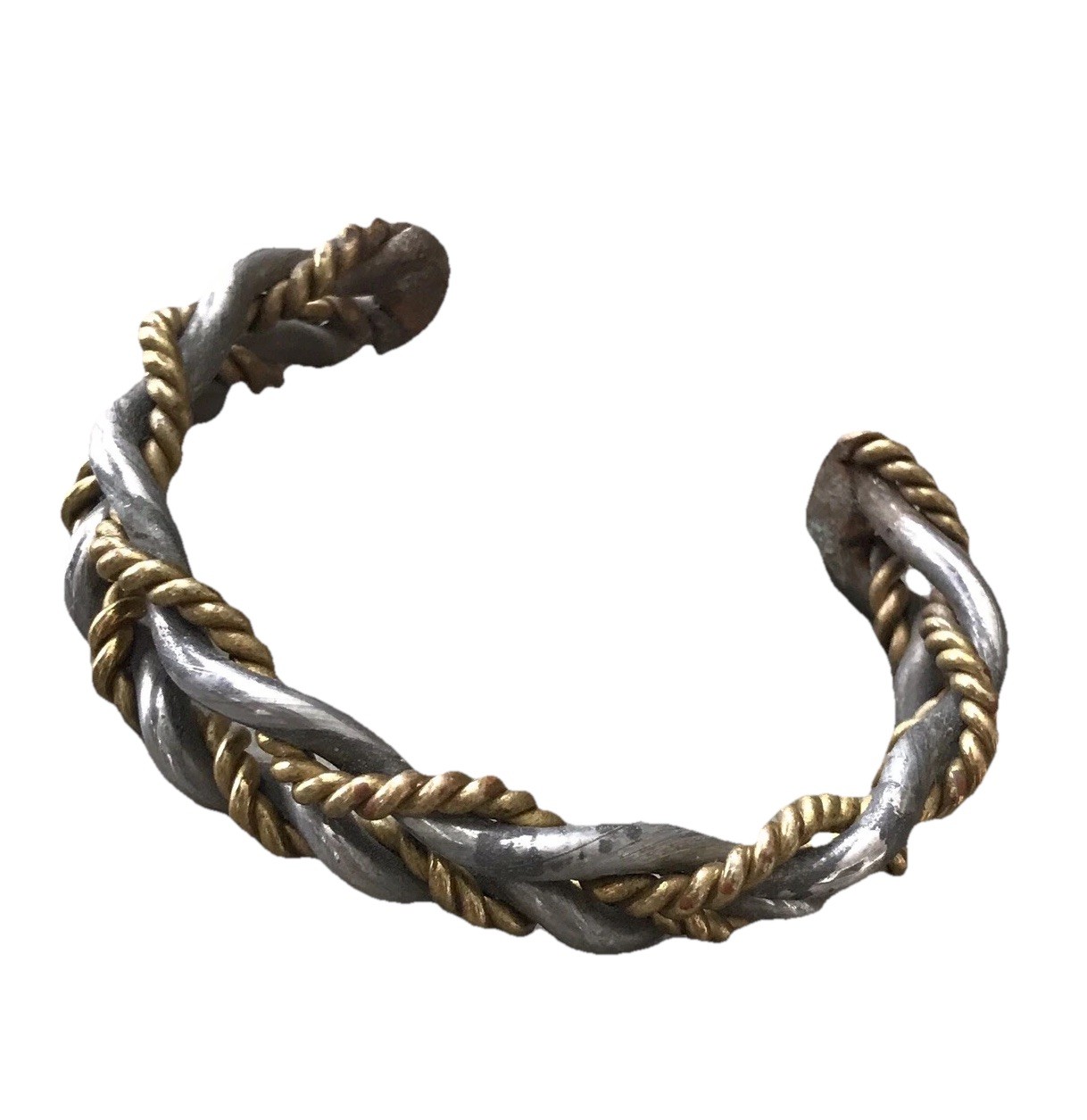 Handcrafted Artisan Brass Woven Gold Silver Tone Cuff Bracelet