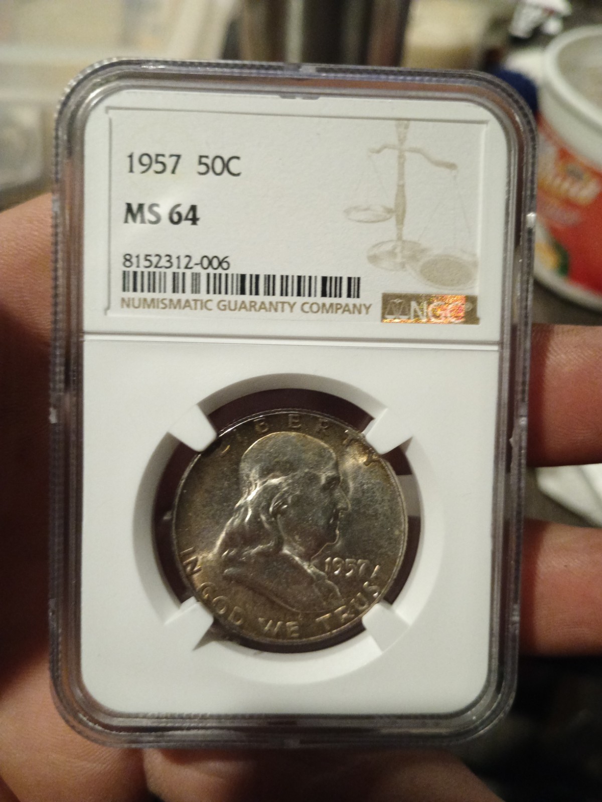 1957 50c Silver Franklin Half Dollar MS 64 Toner White NGC with New Holder