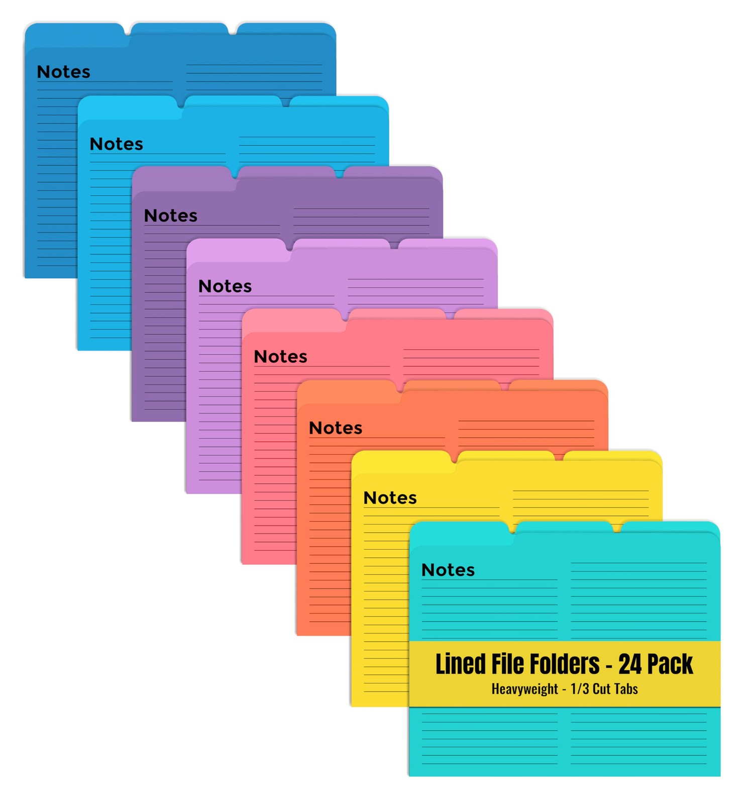 Lined File Folders, 24 Pack, Notes Tabbed File Folders, 1/3 Cut Tabs, 8 Vibra...