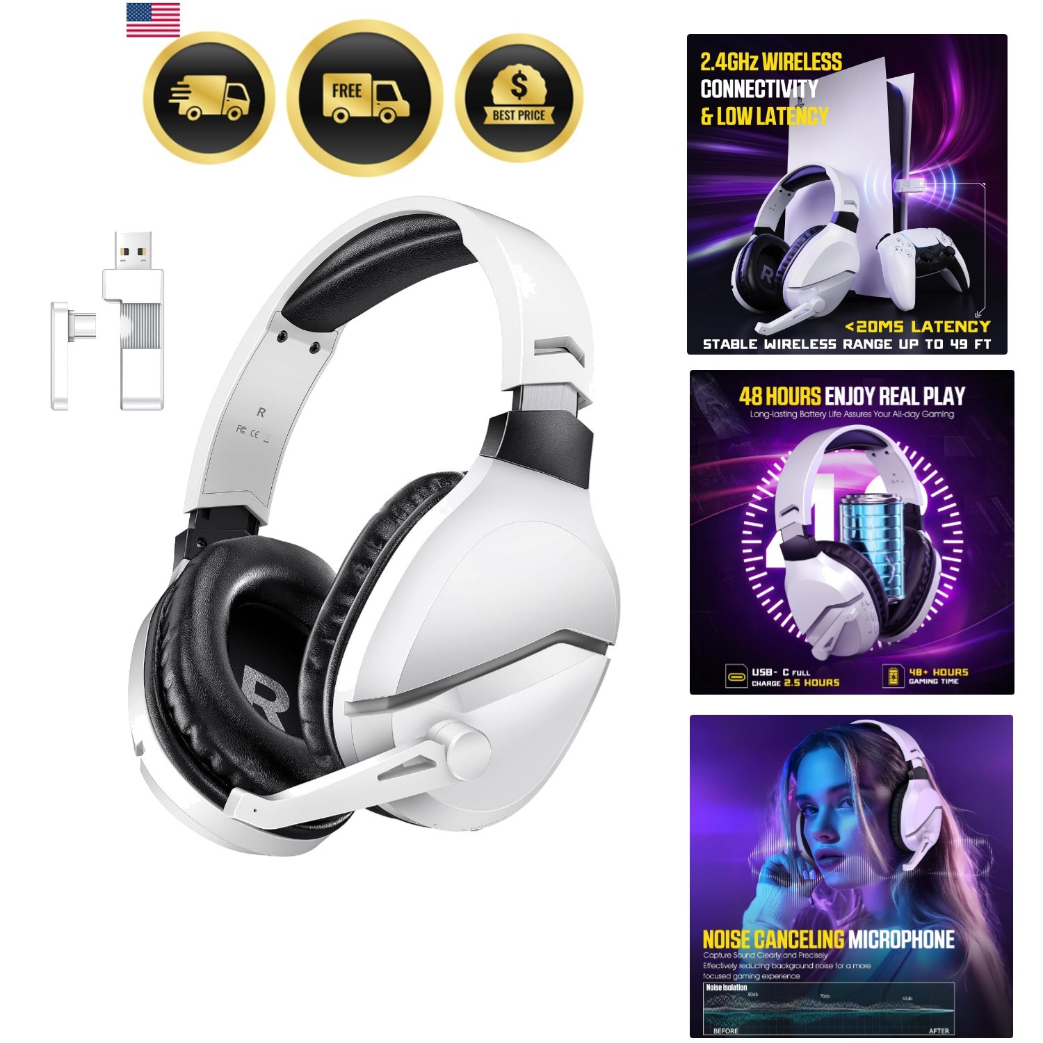 Wireless Gaming Headset with Noise Canceling Microphone for PS5, PC, PS4, 2.4...
