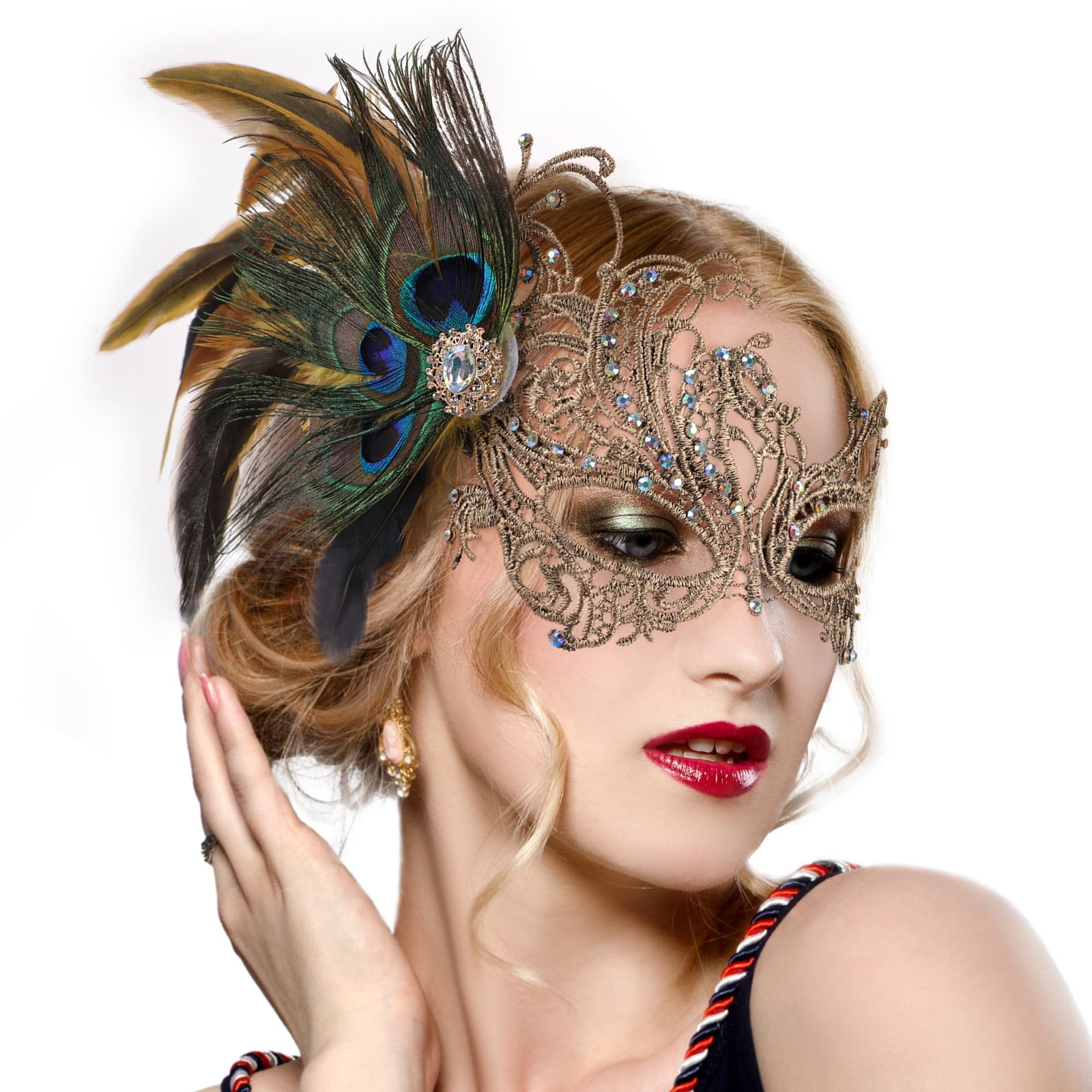 Gold Masquerade Masks for Women - Handmade 1920s Peacock Lace Mask with Remov...