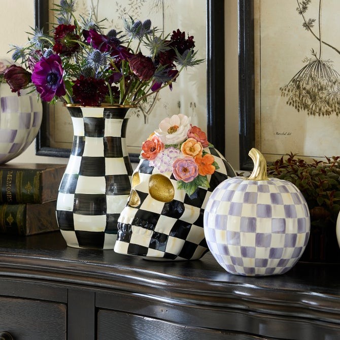 Brand New Mackenzie Childs Courtly Check Cascade Floral Skull