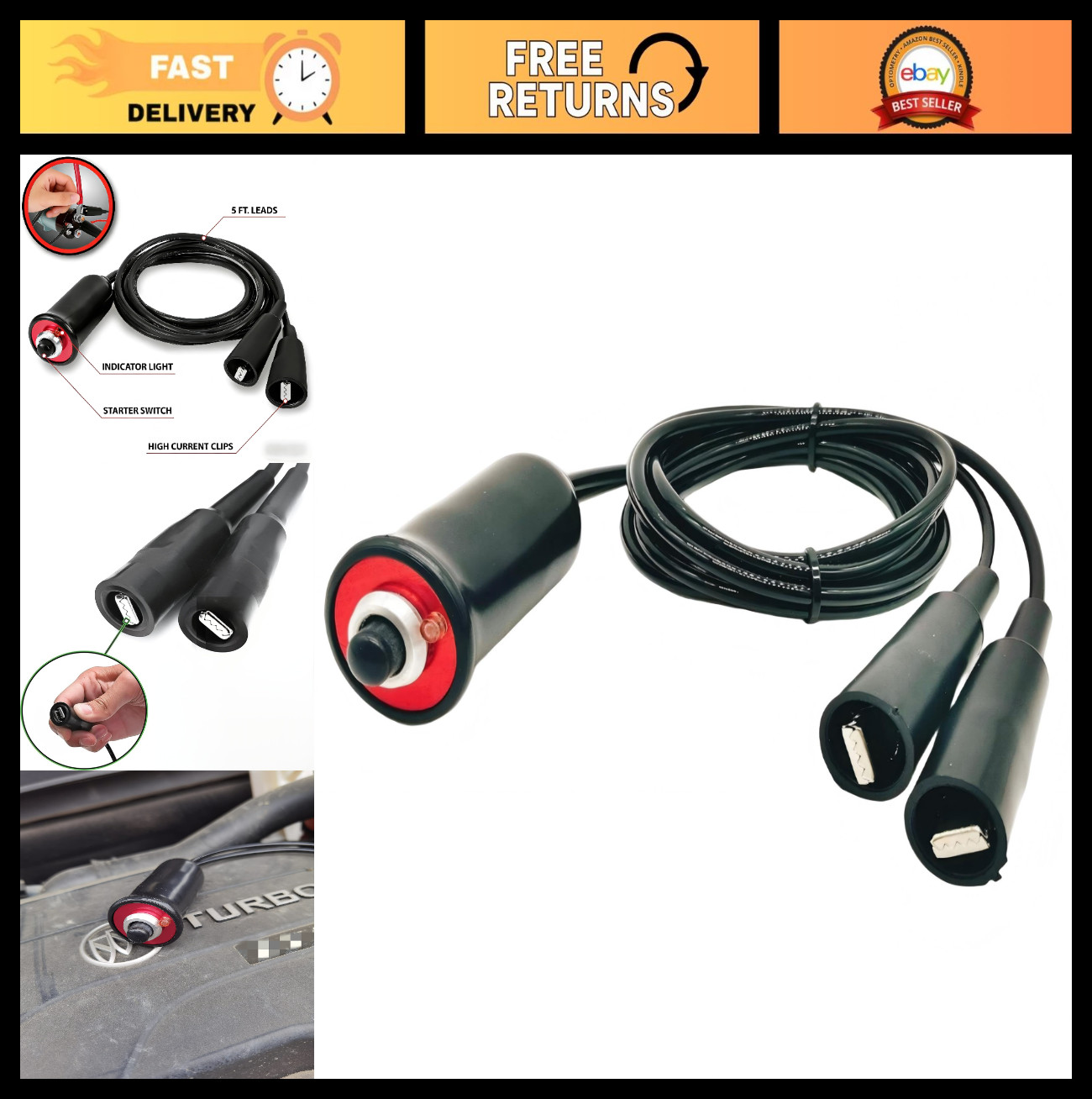 Heavy Duty 12V Remote Starter Switch Push Button with 5ft Wire & Alligator Clips
