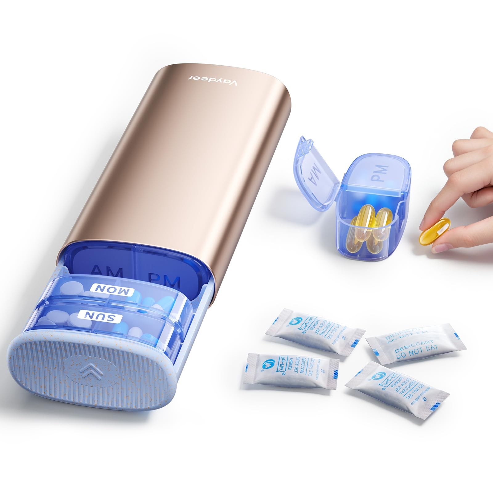 Vaydeer AM/PM Metal Pill Organizer 2 Times a Day, Champagne Gold