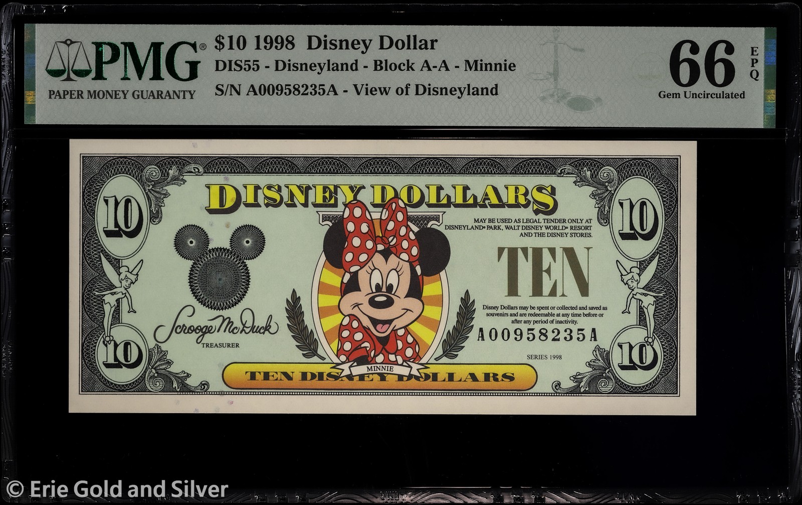1998 $10 Disney Dollar - View of Disneyland PMG 66 EPQ | DIS55