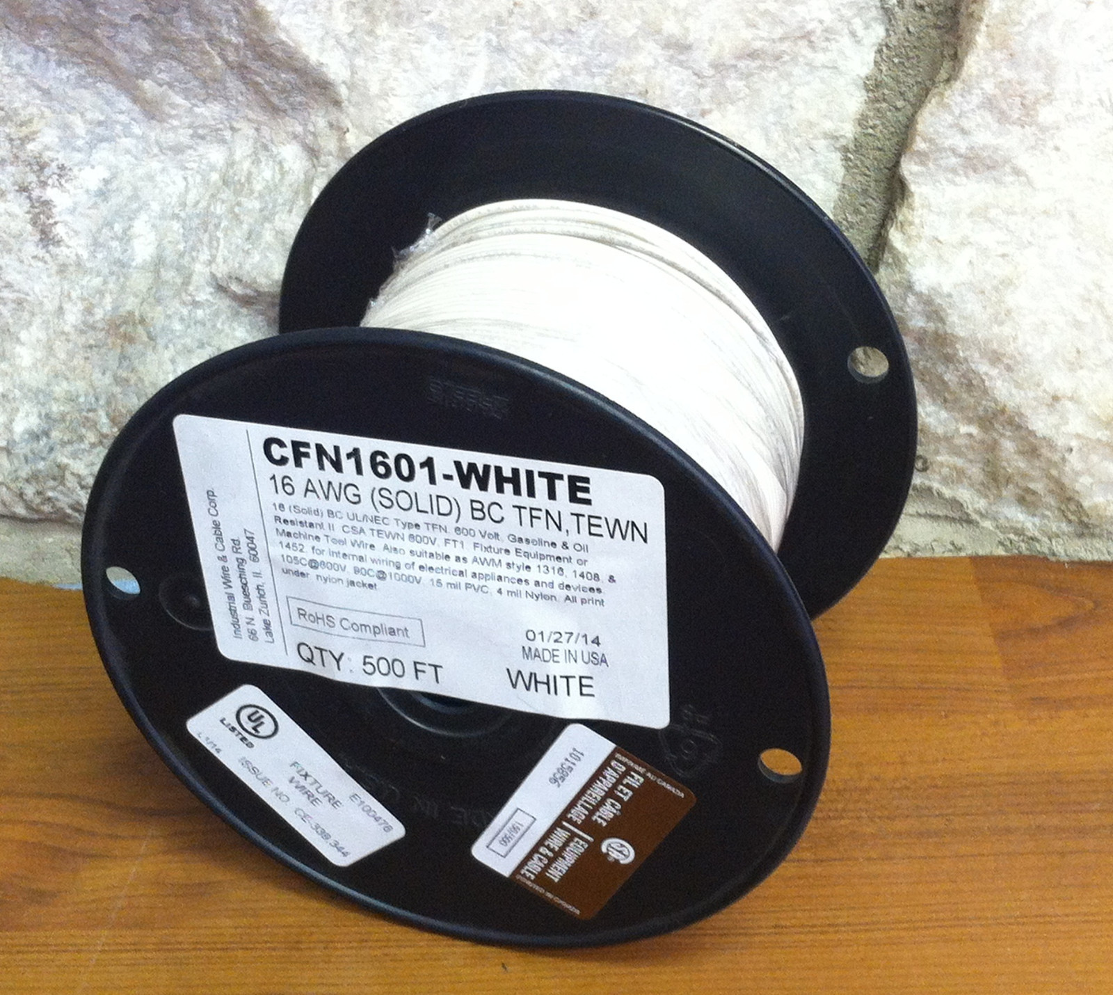 500 FT TFN/TEWN WIRE. 16 AWG SOLID BC 600 VOLT. MADE IN USA. 9 COLOR OPTIONS!
