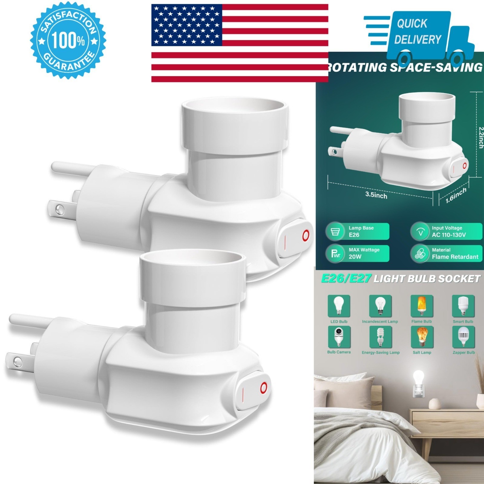 TobeBright 2 Pack Plug in Light Socket Adapter with On/Off Switch