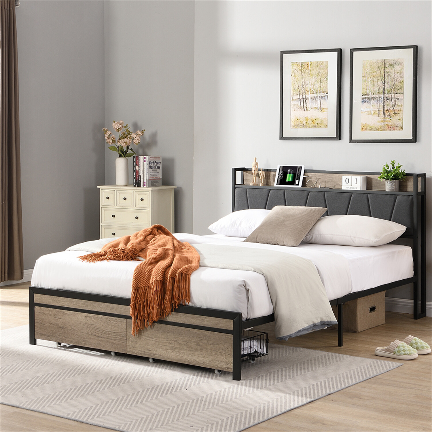 Queen Size Bed Frame w/ Upholstered Headboard Metal Platform Bed with 2 Drawer