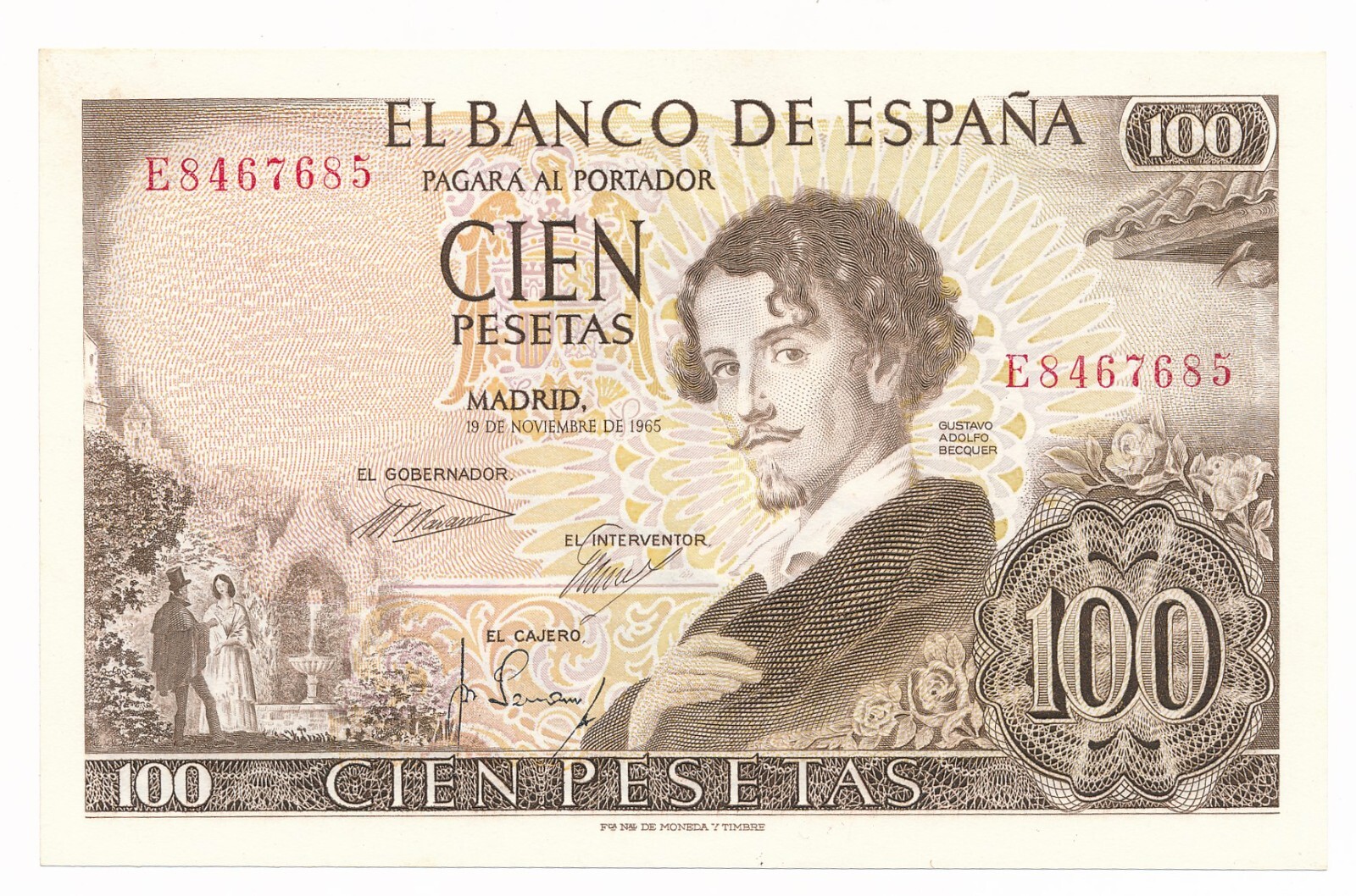 SPAIN 100 Pesetas 1965  P. 150 / 150a Gustavo Adolfo Becquer aUnc (AU) Note